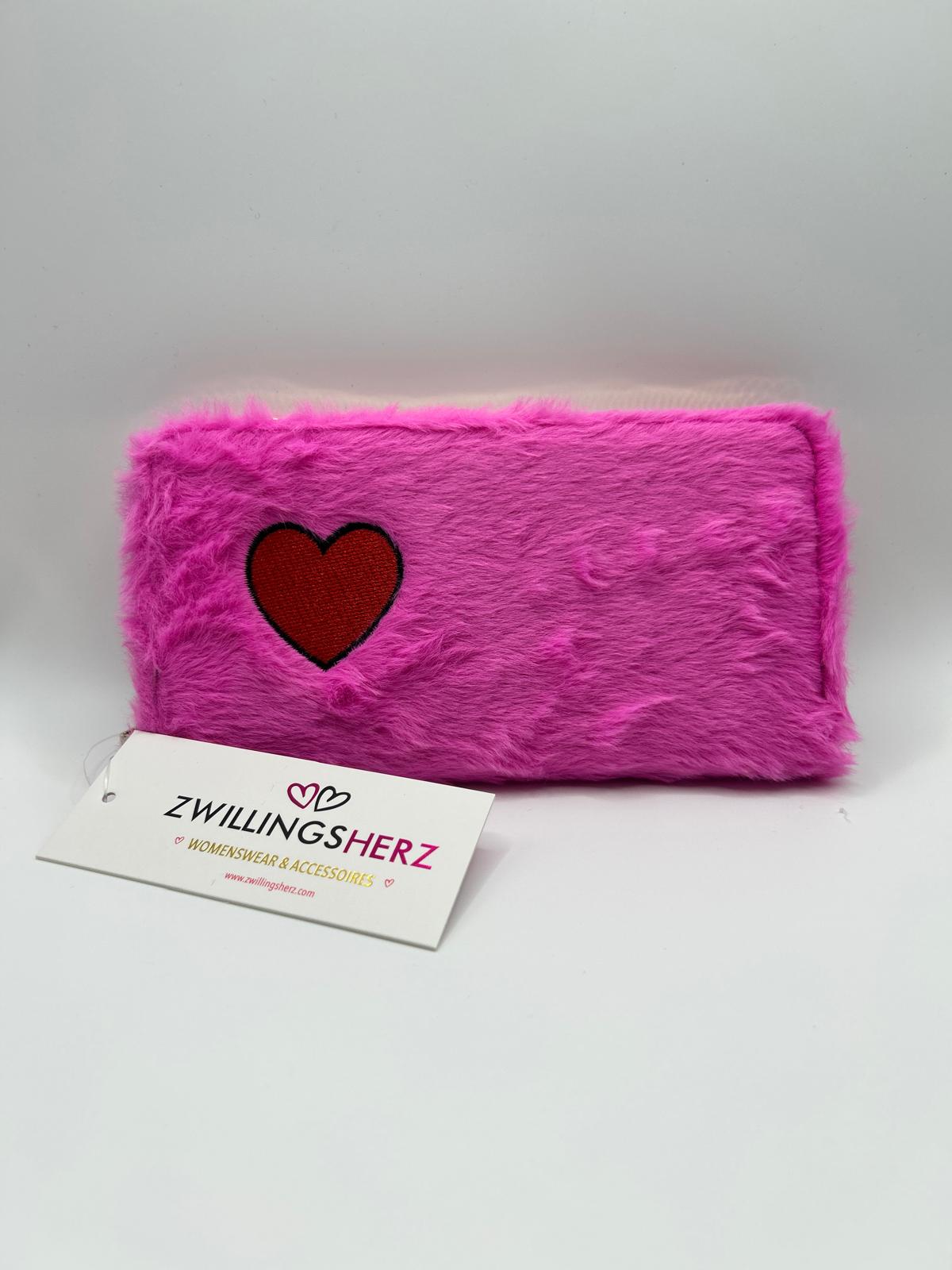 Pinke Plüsch-Geldbörse mit Herzmotiv
