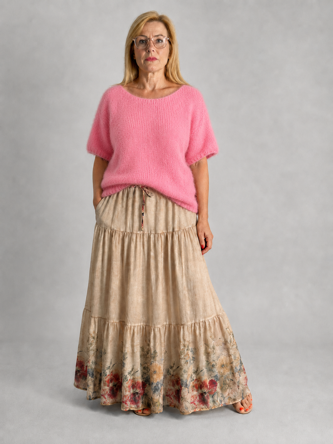 Rosa Mohair-Pullover mit kurzen Ballonärmeln