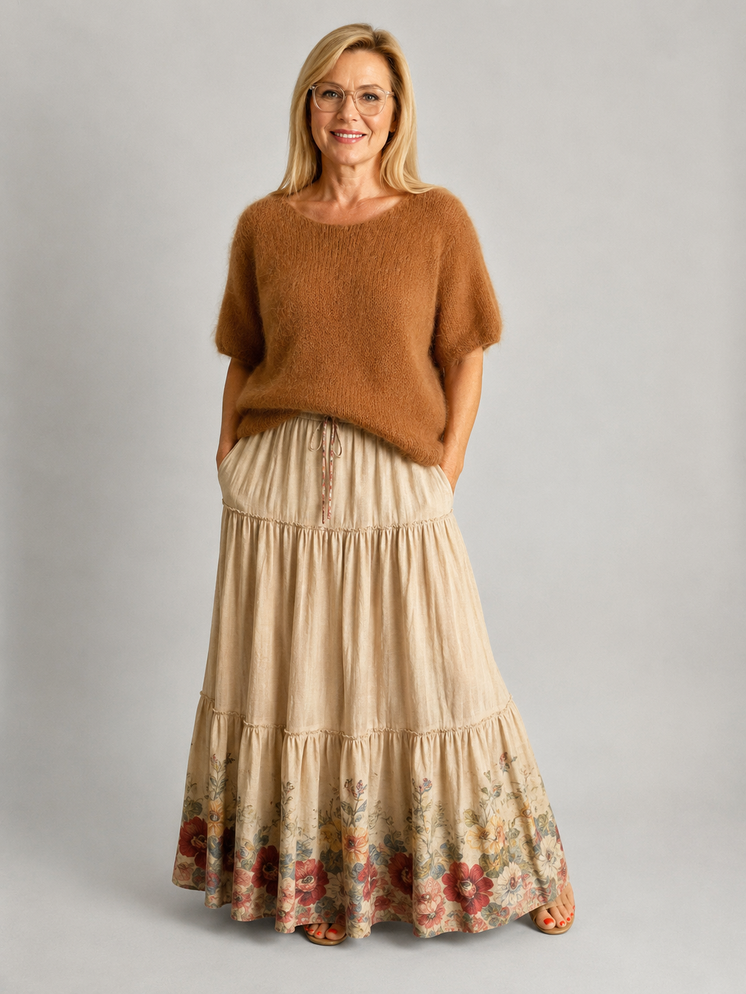 Camelbrauner Mohair-Pullover mit kurzen Ballonärmeln
