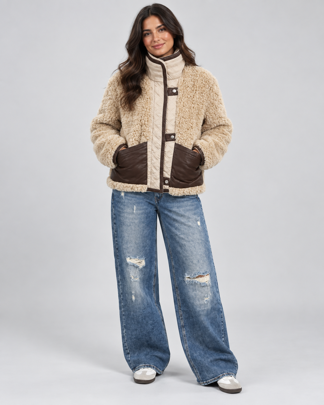 Teddyjacke mit Stepp- & Lederoptik – Creme/Braun