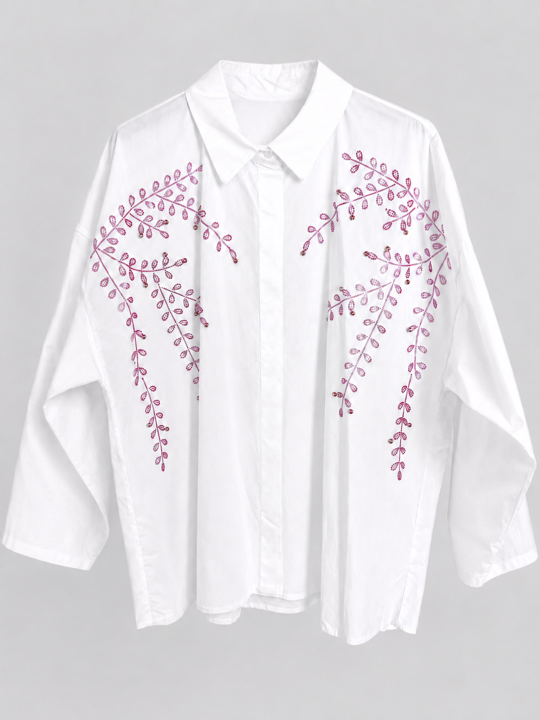 Weiße Oversize-Bluse mit rosa Strassverzierung
