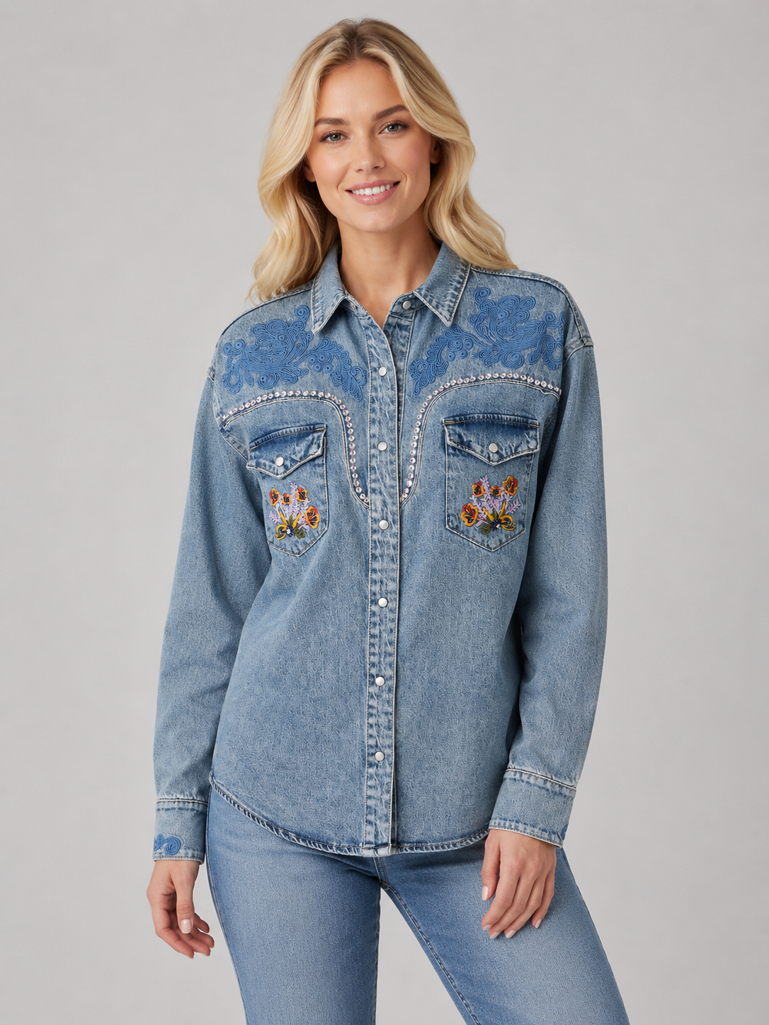 Jeanshemd mit Stickereien & Strassdetails