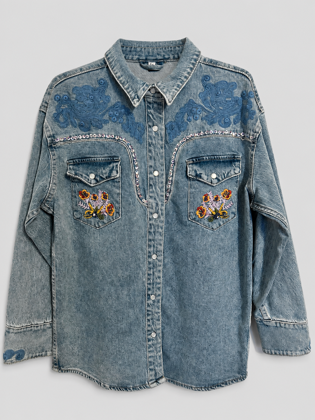 Jeanshemd mit Stickereien & Strassdetails