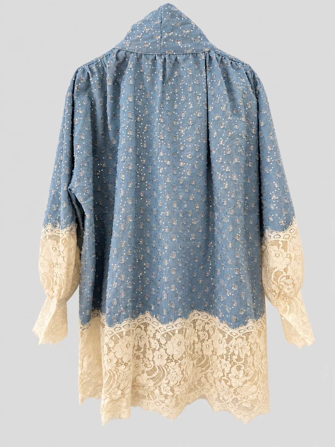 Kleid - Longbluse Jeans mit Spitze & Schleife – Hellblau/Creme