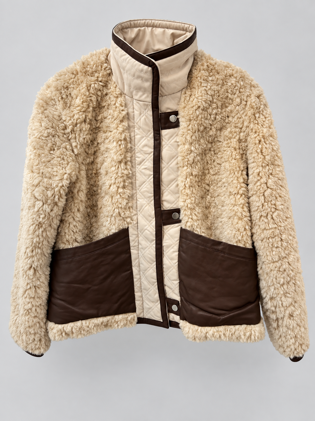 Teddyjacke mit Stepp- & Lederoptik – Creme/Braun